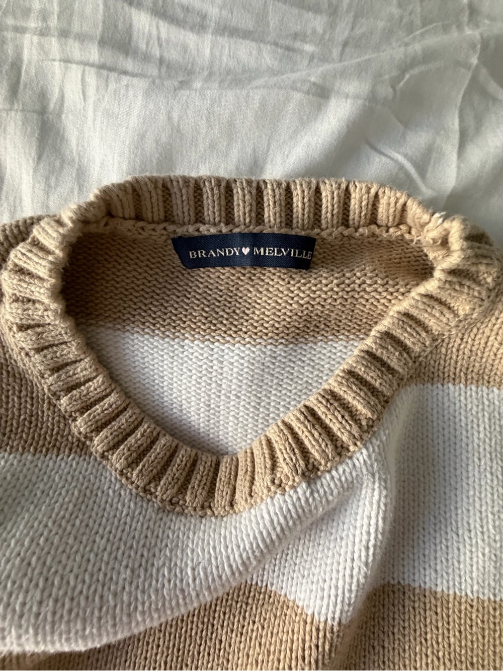 Brandy Melville Beige and White Striped Crewneck Sweater - Picture 2 of 3